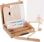 Relaxdays Painting Case 22-Piece Wooden Painting Set with Mannequin, Painting Palette, Brush, Easel, Canvas & Acrylic Paints, Natural, 30.5 x 32 x 7.5 cm