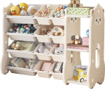 Wooru Children's Toy Rack with Rounded Corners, Toy Organiser with 4 Shelves, Bookcase for Children, Storage of Books & Toys in the Children's Room, Multifunctional Shelf, Beige