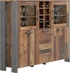 Forte Clif Highboard Display Cabinet with 3 Doors and 2 Glass Doors, Wood Composite, Vintage Wood / Concrete Look, Dark Grey, 151.3 x 125.4 x 41.5 cm
