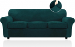 FestiCorp Samt-Sofabezug, Couchbez&uuml;ge f&uuml;r 3 Kissen, Couch-Sofa-Schonbez&uuml;ge f&uuml;r Sofas mit 3 Kissen, Stretch, 4-teilig, dicke M&ouml;belbez&uuml;ge f&uuml;r Hunde, Haustiere, Sofa, Emerraldgr&uuml;n