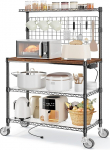 Leteuke Baker's Rack with Socket & Storage, NSF Certified Microwave Stand, Kitchen Trolley, 4-Tier Metal Rack with Wheels & 20 S-Hooks for Kitchen Pots, Appliances, 63 x 18 x 36 inches, Black
