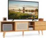 COSTWAY Bambus TV kapp, TV Lowboard rotangist ja klaasist l&uuml;kanduksed, TV stend 2 sahtliga, TV kapp kuni 65-tollise teleri jaoks, elutuppa, 140 x 31 x 45,5 cm.