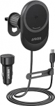 Anker MagGo 15W MagSafe autokinnitus, mobiiltelefoni hoidja auto laadimisfunktsiooniga, 360&deg; reguleeritava nurga ja tugevate magnetitega, traadita autolaadija iPhone 17/16/15 seeria jaoks (sisaldab kaablit ja adapterit).