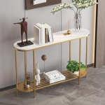 Rechteckiger Konsolen-Sofatisch, Eingangstisch, Moderne schmale Flurtische mit Regalen, 2-stufiger Stauraum f&uuml;r Flur-, Eingangs- und Wohnzimmerm&ouml;bel (Gold, 120 cm)
