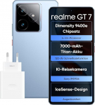 realme GT 7 nutitelefon, 5G Dual SIM, 12GB RAM, 512GB ROM, 6,8-tolline AMOLED-ekraan, Dimensity 9400e tippkiibistik, 7000mAh Titanium aku, 50MP kaamera, IceSense Blue (laadija kaasas)