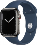 Apple Watch Series 7 (GPS + mobiilside, 45 mm) - grafiitne roostevabast terasest korpus ja sinine spordirihm (uuenenud)