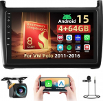 4+64G Roinvou Android 15 Qualcomm 8 Core autoraadio VW Polo 2011-2016, 9-tolline puuteekraaniga raadio CarPlay Android auto Bluetooth WiFi GPS FM / RDS DSP 3D auto mudeli vitriin SWC tagantvaate kaamera