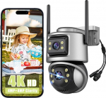 8MP 4K Outdoor Surveillance Camera Dual Lens Cameras 2.4G WiFi PTZ WLAN 360&deg; Viewing Area with People Vehicle Detection, 6x Hybrid Zoom, 2-Way Audio, Full Colour Night Vision, Alarm Message, IP66