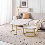 2er Set Couchtische (Sinterstein) mit Goldener Metallrahmen, Runder Beistelltisch, Wohnzimmertisch f&uuml;rs Wohnzimmer, Schlafzimmer, Balkon (Wei&szlig;/Gold, 80 * 80 * 45cm+60 * 60 * 60 * 35cm)