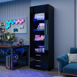 Merax must k&otilde;rgl&auml;ikega klaasist vitriinkapp LED-valgustusega, seisev vitriinkapp 3 riiuli ja 3 sahtliga, k&otilde;rge kapp elutuppa/magamistuppa, must k&otilde;rgl&auml;ikega esiosa, 60 x 35 x 180 cm.