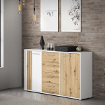 Forte Cardigan kapp 150 Modernne kapp 2 uksega ja liistude disainiga 4 sahtlit elutuba magamistuba k&auml;sit&ouml;&ouml;nduslik tammepuidust dekoratsioon |valge, 142,6 cm lai x 82,3 cm k&otilde;rge x 34,3 cm s&uuml;gavus, 142,6 cm lai x 82,3 cm k&otilde;rge x 34,3 cm s&uuml;gavus