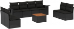 9-teiliges Gartensofa Set Schwarz Poly Rattan 110 kg Belastbarkeit klappbare Armablagen Akazienholztisch Modular f&uuml;r Balkon Terrasse und Innenhof