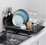 Dish Dryer with Draining Board, 304 Stainless Steel Dish Draining Board for Kitchen Counter, Sink, Adjustable Spout, Bowl Strainers, Draining Rack with Utensil Holder and Drinks, Black