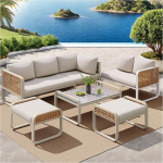 Outdoor rotangist diivan komplekt 6 7 inimest, aiam&ouml;&ouml;bel reguleeritavate jalgadega, beež sektsioon diivan & laud, tsingitud rauast raam, ideaalne patio ja tagahoovis