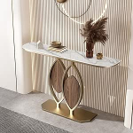 YITAYMLI Crescent Moon Country House Console Accent Table koos kiltkivist lauaplaadiga, t&ouml;&ouml;stuslik kitsas diivanilaud esikusse, &uuml;mardatud nurgad, uuenduslik metallraam, kriimustuskindel (B, 150 cm / 59