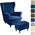 Alishomtll 3-Piece Wing Chair Cover with Ottoman Protective Cover Stretch Velvet Armchair Throws Elastic Plain Armchair Cover Strandmon Tiger Chair Cover with Armrest High Backrest (Navy Blue)