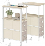 HOMCOM 2 pistikuga k&uuml;ljelaua komplekt, kitsad k&uuml;ljelauad pistikupesaga, USB port, USB-C port, 2 riidest sahtlit, avatud riiul, elutuppa, magamistuppa, naturaalne