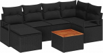 7-teiliges Garten Sofa Set mit Kissen Schwarz Poly Rattan Akazie, 2-Sitzer Garten Sofa mit Kissen Schwarz Poly Rattan Gartenlounge Model3347730