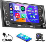 4+64G Autoradio Android 14 Audi A4 B6 S4 RS4 2000-2009 koos 2 DIN Carplay Android autoekraaniga 7-tolline peeglilink Bluetooth FM/RDS WiFi GPS DAB+ SWC tagurduskaamera mikrofoniga