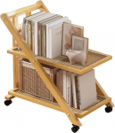 CUXAHO Rattan Side Table, Folding Tray Table, Sofa Table with Wheels, Mobile Coffee Table, Living Room Table, Bedside Table, Storage Space for Bedroom, Living Room (50 x 32 x 57 cm)