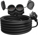 Poppstar pikenduskaabel 10 m, IP44, 3500 W, topeltpistikuga, topeltpistikupesaga v&auml;litingimustes kasutatav toitekaabel, must