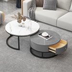 Round Coffee Table Set of 2, Side Table Set with Drawers, Sofa Table with Slate Marble Texture, Metal Frame, Modern Tea Table for Bedroom, Living Room, Furniture, Decoration, Multip