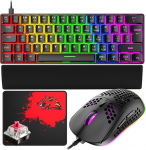 T60 Mini 60% mehaaniline klaviatuur-hiire komplekt, C-t&uuml;&uuml;pi juhtmega m&auml;nguklaviatuur + 6400 DPI RGB hiir + randmetugi + hiirepad, 19 taustavalgustusega kompaktset 62 klahvi, UK paigutus PC-le, s&uuml;learvutile - must/punane l&uuml;liti