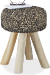 Relaxdays Teak Wood Stool, 120 kg Capacity Durable Pouf, Round Padded Footstool HxWxD: 48 x 38 x 38 cm, Black-Beige