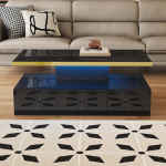 BTM sahtlitega kohvilaud, k&otilde;rgl&auml;ikega viimistlus, k&uuml;ljelaud kahe riiuliga. LED-valgusega