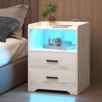 LVSOMT &Ouml;&ouml;laud 24 v&auml;rvi LED-iga, RGB &ouml;&ouml;kapp koos laadimisfunktsiooni ja pistikupesaga, kaasaegsed puidust &ouml;&ouml;kapid magamistoas, &ouml;&ouml;kapp traadita laadimisega, USB Type-C laadimisport (valge puit)