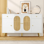 Merax Sideboard kapp elutuba 4 ust 2 sahtlit riiulid reguleeritava k&otilde;rgusega buffet hoiukapp k&ouml;&ouml;gikapp kuldsete k&auml;epidemetega, valge 140 x 35 x 82 cm