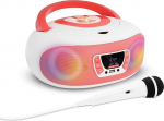 mooov 477409 CD m&auml;ngija laste raadio mikrofoniga karaoke funktsiooniks, USB port - laste raadio kaasaskantav k&auml;epidemega valgusefektidega - v&otilde;rgutoitega v&otilde;i akutoitega - roosa/valge