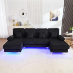 U-sohva LED-&uuml;mbrusvalgustusega, nurgadiivan magamisfunktsiooniga, diivanvoodi 4 luksusliku padjaga, ergonoomiline diivanvoodi elutuppa/magamistuppa, t&auml;ispuidust raam, 265 cm, must
