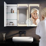 SONNI LED peegelkapp Vannituba ja pistikupesa 90 x 60 cm, 3-ukseline metallpeegelkapp koos puutetundliku l&uuml;litiga, 3 valgusv&auml;rvi + udusus, traadita hingedega disain, valge, vannitoa meditsiinikapp