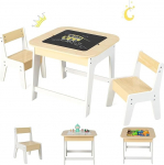 FANTASK laste laud koos 2 tooliga, 3-osaline laste puitm&ouml;&ouml;blikomplekt kahepoolse lauaplaadiga, naturaalne + valge