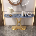 Schmaler Sofatisch - eleganter Flurtisch aus beigefarbener Steinplatte mit Goldener Metallst&uuml;tze f&uuml;r Wohnzimmer, Eingangsbereich, Schlafzimmer, Foyer (100 x 30 x 80 cm)