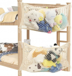 LAHAQIQI Toy Cuddly Toy Storage Net for Children's Room, Bed Side Stuffed Toy Organiser, Hanging Cotton Mesh Bag with Tethe for Children (Beige, Pack of 2)