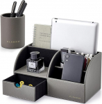 Vlando Leather Desk Organiser with Drawer, Elegant Desk Organiser, Pen Holder Organiser, Office Organiser for Tablet PC, Remote Control Holder, Gift for Father's Day, Men's Day