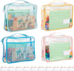 PVC Toy Storage Bags (Name Tag, 10 Memo Cards), Large, 13.8" x 3.2" x 10", Clear, Double Zipper, Organization Bags with Handle, Coloured Blocks, Board Game Organiser
