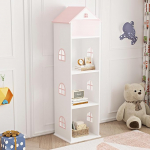 [en.casa] Vipsali Children's Bookcase in House Look, Children's Room Shelf with 4 Open Compartments, Storage Shelf, Toy Shelf, White/Pink