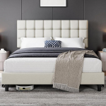 Yaheetech polsterdatud voodi 160 x 200 cm kaheinimesevoodi reguleeritava k&otilde;rgusega peaplaadiga, tugev voodiraam, riidest voodi lamelliraamiga, polsterdatud voodiraam, beež