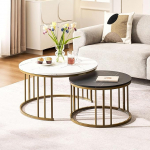 CLIPOP &uuml;mmargune kohvilaud, 2 komplekt, marmoriefektiga pesaplaadid, puidust lauad metallraamiga, 70 x 70 x 45 cm + 50 x 50 x 38 cm, virnastatav k&uuml;ljelaua komplekt, pesaplaadid, must + valge