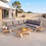 Mendler HWC-M62 Alumiiniumist aiam&ouml;&ouml;blikomplekt Aiam&ouml;&ouml;blikomplekt Diivan Puiduefektiga raam Valge polsterdus Helehall