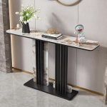 Schmaler Konsolentisch f&uuml;r die Wohnkultur - Elegante Tischplatte aus hellem Schiefer mit schwarz galvanisiertem Edelstahlgestell - Stilvoller Beistelltisch f&uuml;r Flur, Wohnzimmer, Schlafzimmer