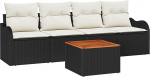 5-teiliges Garten Sofa Set mit Kissen Schwarz Poly Rattan Akazie, 2-Sitzer Garten Sofa mit Stauraum und Kissen Schwarz Poly Rattan Gartenlounge Model3356052