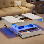 Valge kohvilaud, LED-valgustusega l&auml;ikiv kohvilaud, elutoa lauad varjatud hoiukoha ja sahtliga, kaasaegsed kohvilaudad, 78 x 78 x 43 cm (White-02)