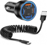 Sigaretis&uuml;&uuml;taja USB, Avatcen 65 W 4 portiline USB C autolaadija, QC & PD3.0 auto USB-laadija adapter DC12-24V koos 1,5 m USB C spiraalkaabliga iPhone 16 15 14 13 seeria, Galaxy S24 S23 S22 tahvelarvuti jaoks (A-C)