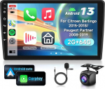 2G & 64G VECHTEL 9-tolline autoraadio Citroen Berlingo 2015-2018/Peugeot Partner 2008-2019 koos Carplay Android Car Wireless, Android 15, Bluetooth HiFi/RDS/FM raadio, WiFi Navi/AHD tagurduskaameraga