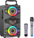 Bluetooth-k&otilde;lar, 60 W kaasaskantav traadita valju kodupidu Bluetooth-k&otilde;lar subwooferiga, FM-raadio, LED v&auml;rvilised tuled, mikrofon, kaugjuhtimispult ja suur v&otilde;imas stereos&uuml;gavusega bassiheli