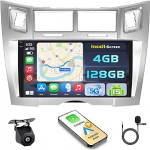 Android 15 4+128G autoraadio Toyota Yaris Vizi 2005-2011 jaoks 9-tollise Incell puuteekraaniga, autoraadio 2DIN traadita Carplay Android autoga, FM/RDS raadio BT GPS WiFi tagurduskaamera + mikrofoniga